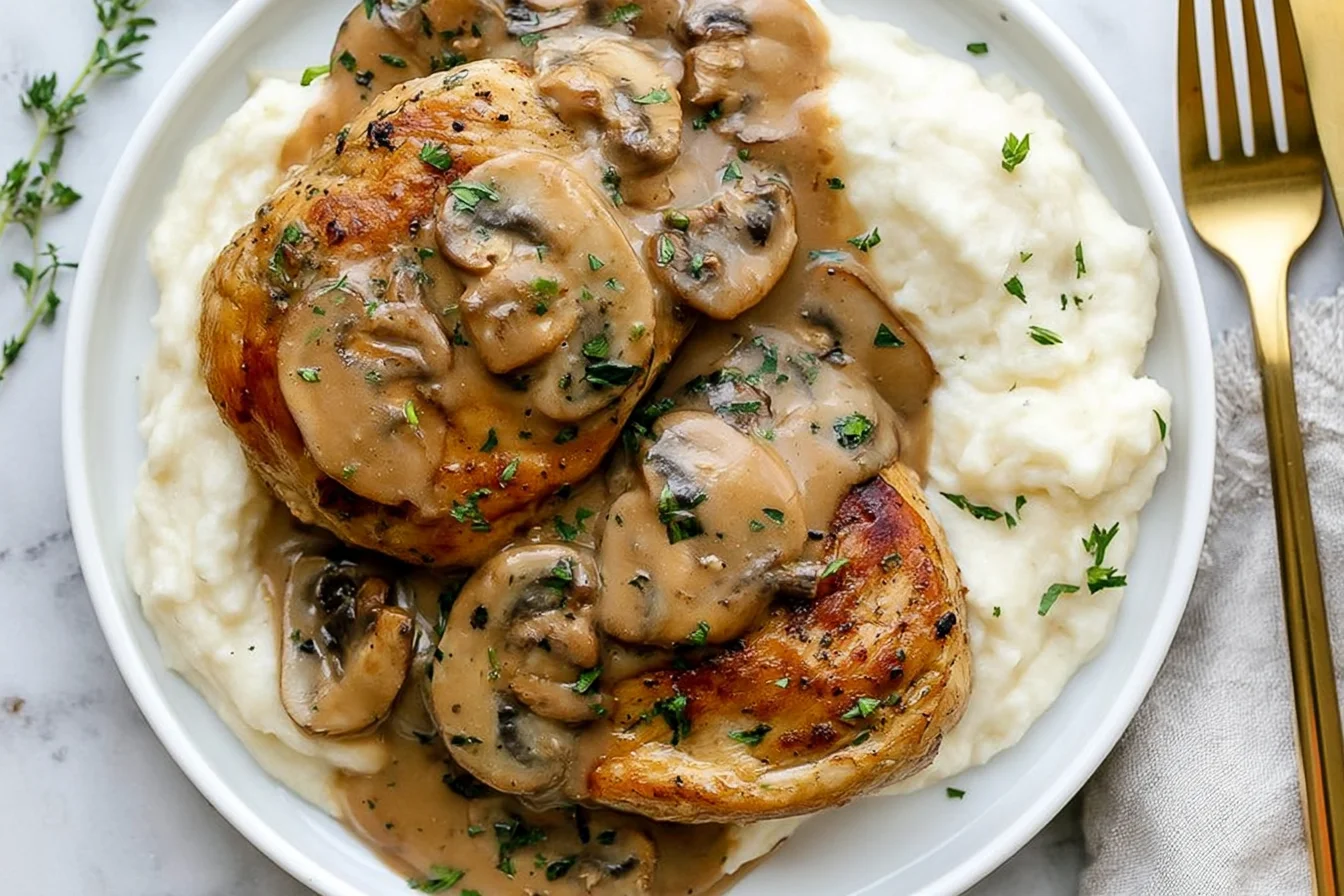 Creamy Mushroom Chicken served over mashed potatoes with rich garlic mushroom sauce