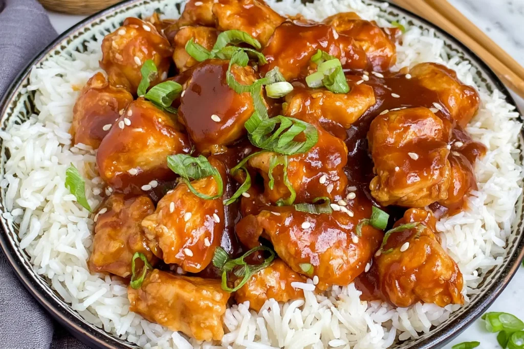 Peanut Butter Chicken coated in a rich savory peanut sauce, served over fluffy white rice with sesame seeds and fresh green onions.