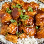 Peanut Butter Chicken coated in a rich savory peanut sauce, served over fluffy white rice with sesame seeds and fresh green onions.