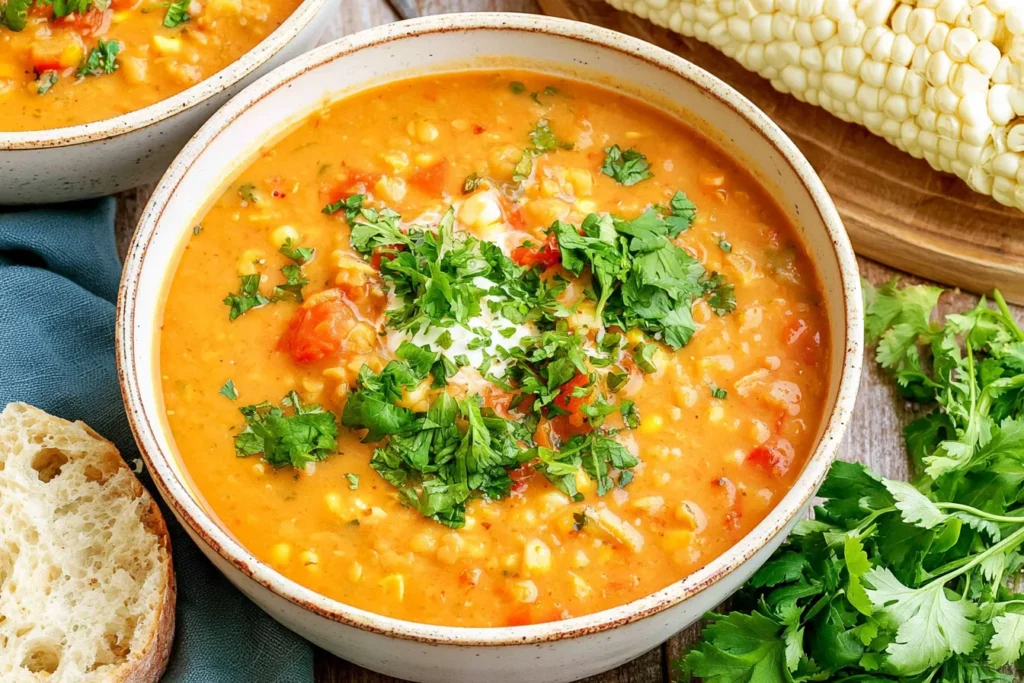 Red Lentil Corn Chowder with sweet corn, tomatoes, creamy lentils, and fresh cilantro in a rustic bowl.