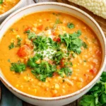 Red Lentil Corn Chowder with sweet corn, tomatoes, creamy lentils, and fresh cilantro in a rustic bowl.
