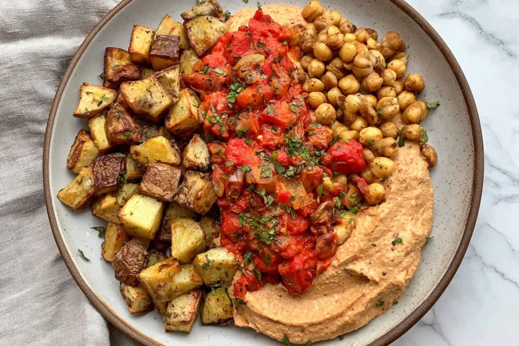 Red Pepper Feta Dip with Roasted Potatoes & Chickpeas served with seasoned roasted red peppers and fresh herbs