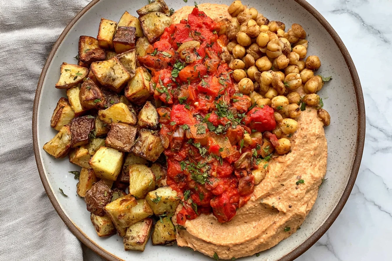 Red Pepper Feta Dip with Roasted Potatoes & Chickpeas served with seasoned roasted red peppers and fresh herbs