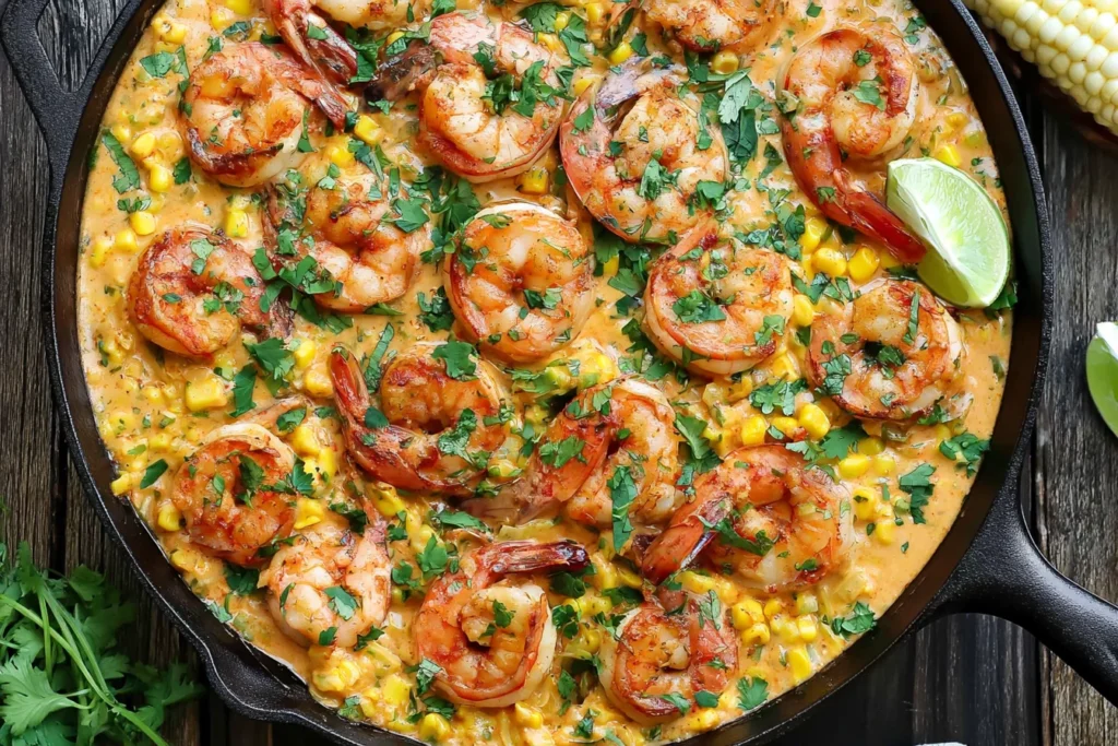 Shrimp and Creamed Corn with seasoned shrimp, sweet corn, cilantro, and fresh lime in a rich, creamy skillet sauce.
