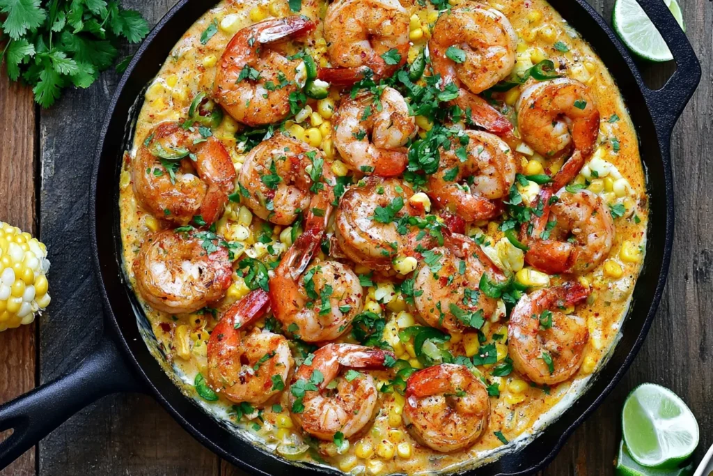 Shrimp and Creamed Corn with juicy seasoned shrimp, sweet corn, fresh cilantro, jalapeños, and lime in a creamy skillet sauce