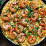 Shrimp and Creamed Corn with juicy seasoned shrimp, sweet corn, fresh cilantro, jalapeños, and lime in a creamy skillet sauce