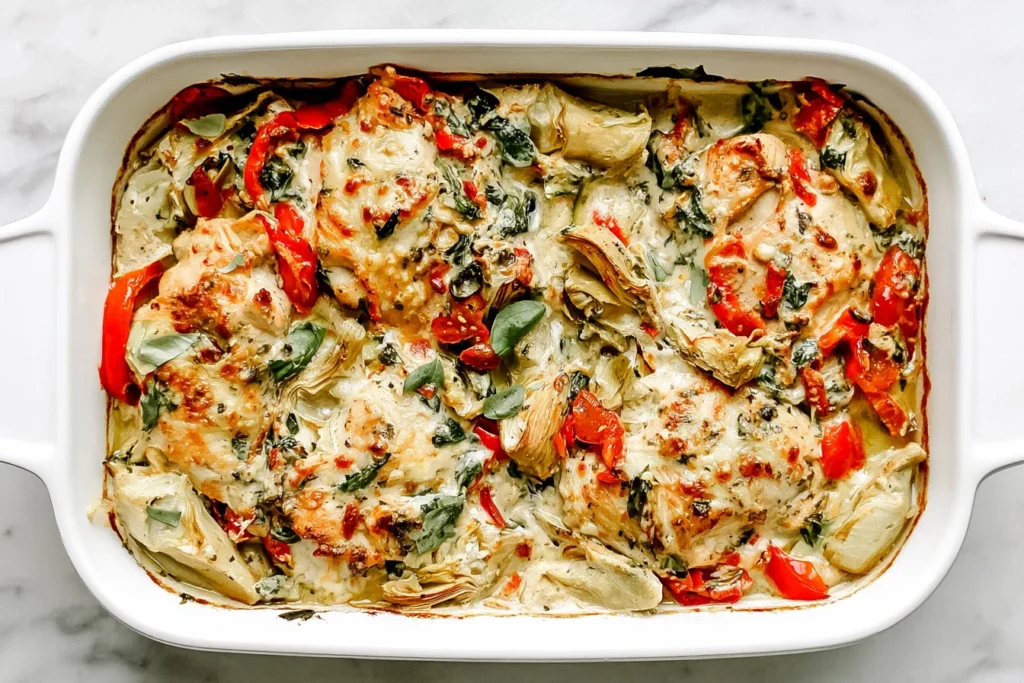 Spinach Artichoke Chicken Bake in a white casserole dish with creamy sauce, red peppers, and melted cheese
