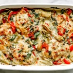Spinach Artichoke Chicken Bake in a white casserole dish with creamy sauce, red peppers, and melted cheese