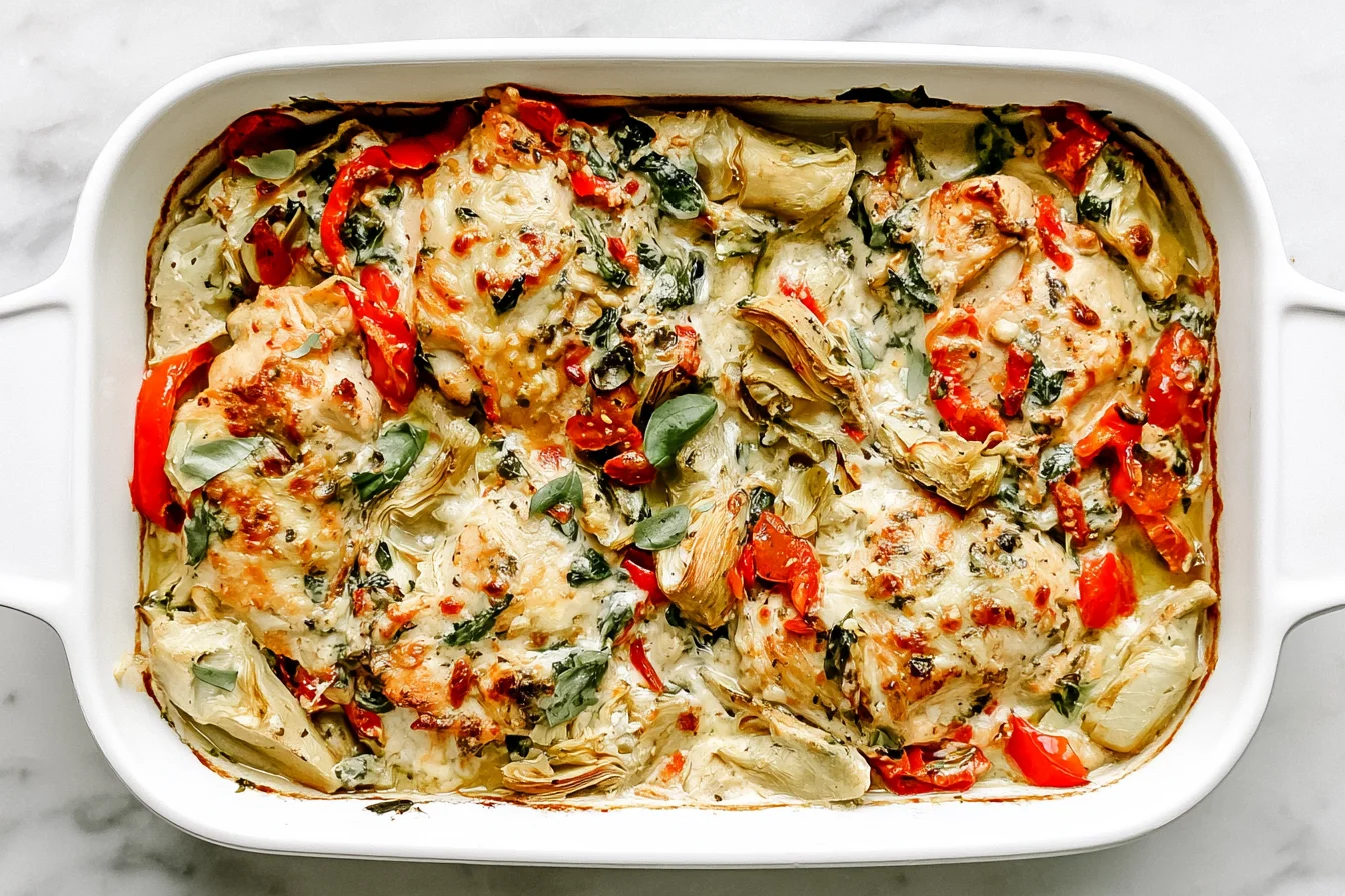 Spinach Artichoke Chicken Bake in a white casserole dish with creamy sauce, red peppers, and melted cheese