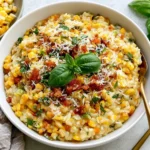 Sweet Corn Risotto topped with Parmesan, crispy bacon, fresh basil, and golden corn in a white bowl.