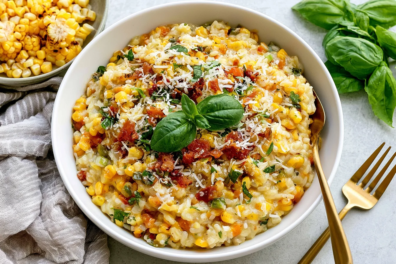 Sweet Corn Risotto topped with Parmesan, crispy bacon, fresh basil, and golden corn in a white bowl.