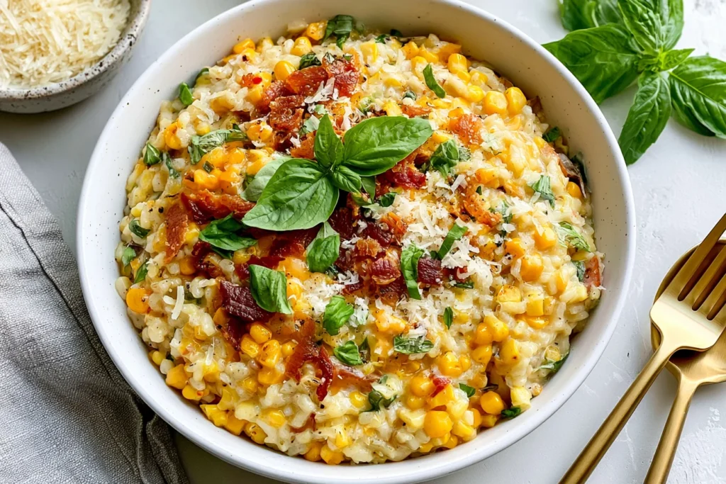 Sweet Corn Risotto with crispy bacon, Parmesan cheese, fresh basil, and juicy golden corn served in a white bowl.