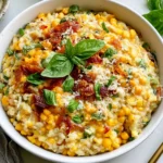 Sweet Corn Risotto with crispy bacon, Parmesan cheese, fresh basil, and juicy golden corn served in a white bowl.