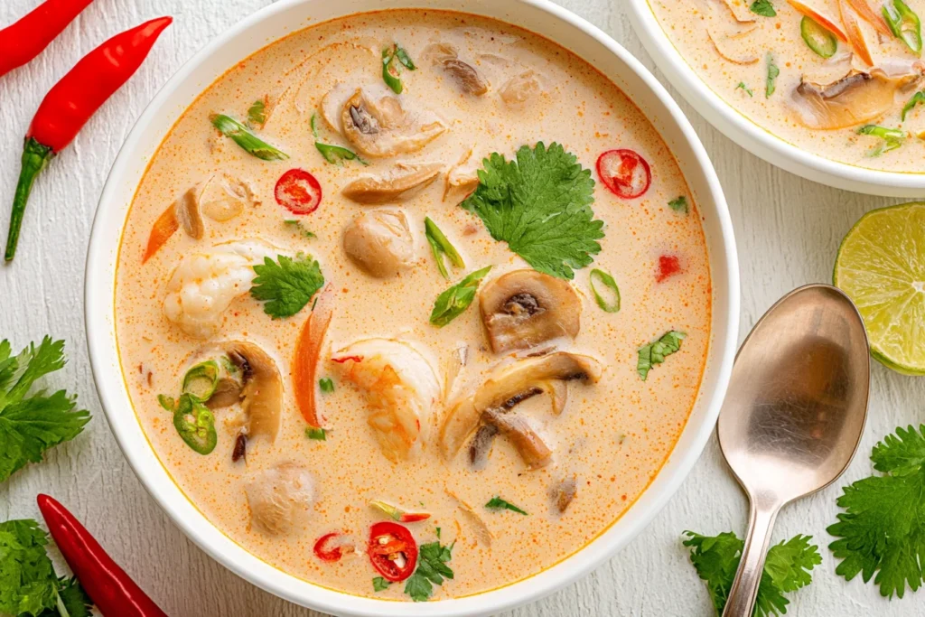 Slow Cooker Tom Kha Soup creamy Thai coconut chicken soup with mushrooms, shrimp, chili, and fresh herbs