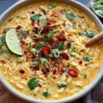 Thai Curry Rotisserie Chicken Soup with creamy coconut curry broth, shredded chicken, noodles, cilantro, lime, red chili, and green onions.