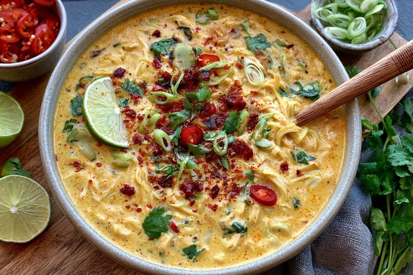 Thai Curry Rotisserie Chicken Soup with creamy coconut curry broth, shredded chicken, noodles, cilantro, lime, red chili, and green onions.