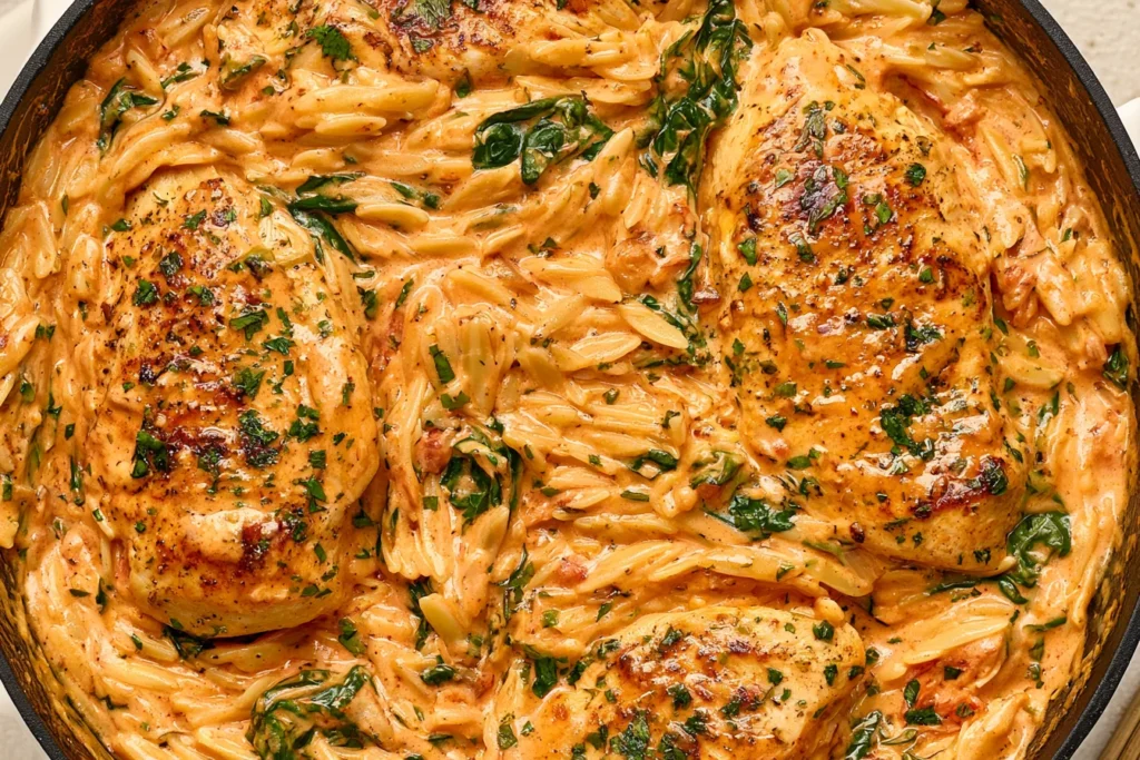 Close-up of Creamy Tomato Orzo With Chicken featuring juicy seared chicken breasts, creamy tomato orzo, spinach, and parmesan sauce