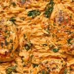 Close-up of Creamy Tomato Orzo With Chicken featuring juicy seared chicken breasts, creamy tomato orzo, spinach, and parmesan sauce
