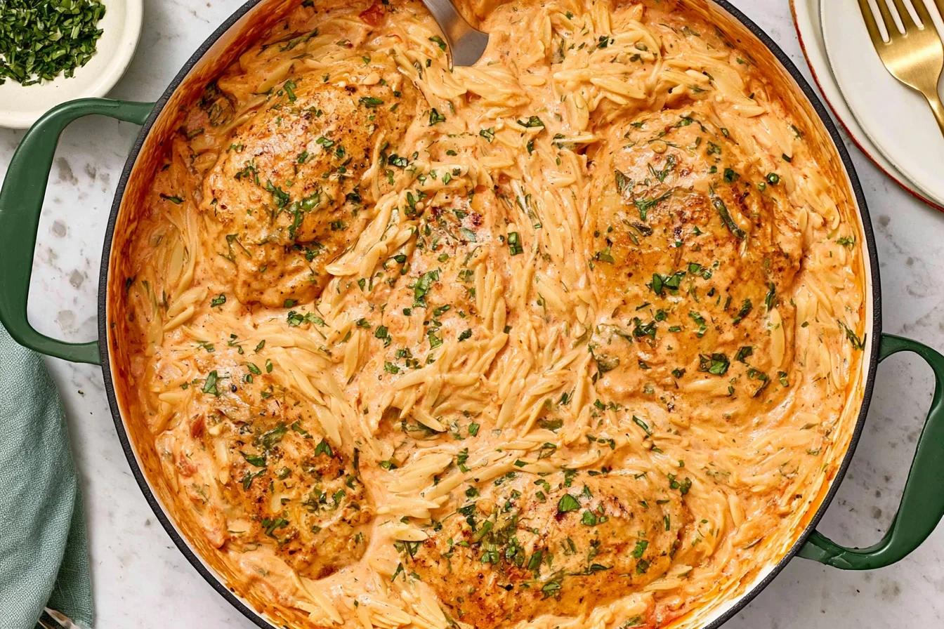 Creamy Tomato Orzo With Chicken in a skillet with tender seared chicken, creamy tomato sauce, and orzo pasta garnished with fresh herbs