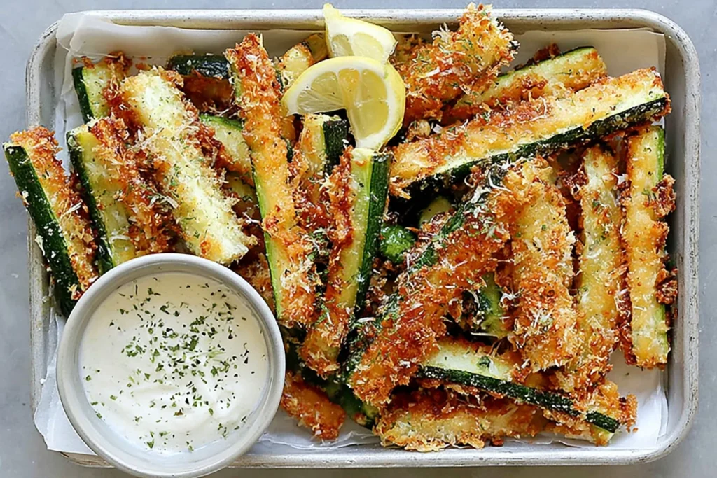 Crispy Parmesan Zucchini Fries served with creamy ranch dipping sauce and fresh lemon wedges.