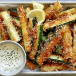 Crispy Parmesan Zucchini Fries served with creamy ranch dipping sauce and fresh lemon wedges.