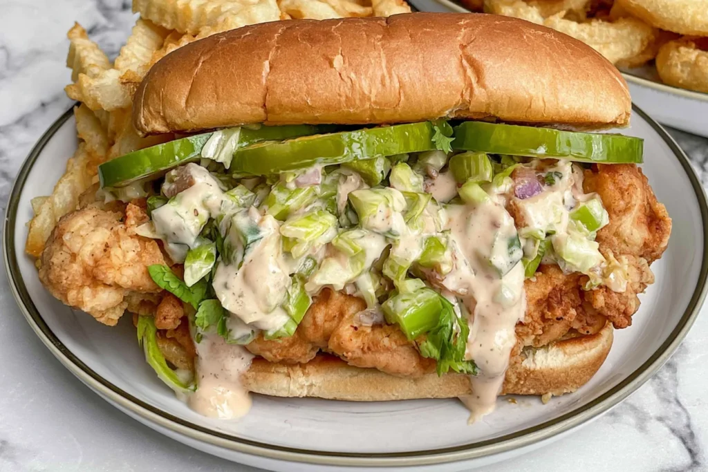 hicken Chopped Sandwich with Alabama BBQ Sauce featuring crispy fried chicken, romaine, pickles, red onion, and creamy white BBQ sauce.