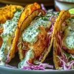 Crispy Dill Pickle Ranch Smash Chicken Tacos with golden fried chicken, creamy ranch drizzle, and fresh slaw in toasted corn tortillas