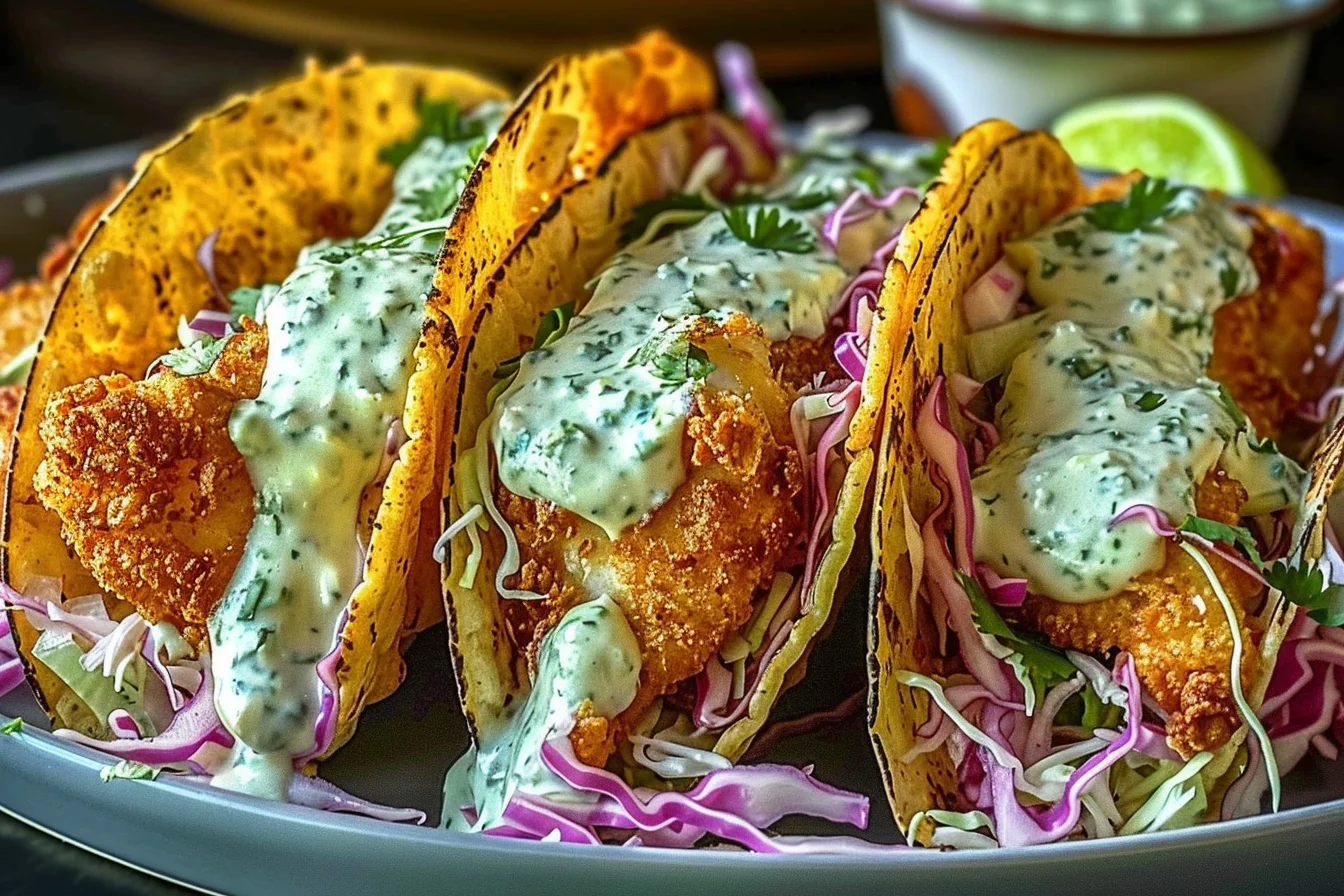 Crispy Dill Pickle Ranch Smash Chicken Tacos with golden fried chicken, creamy ranch drizzle, and fresh slaw in toasted corn tortillas
