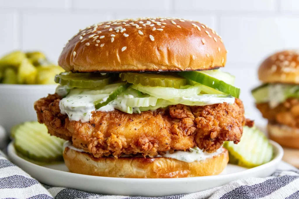 Crispy Dill Chicken Sandwich with golden fried chicken, creamy dill ranch sauce, crunchy dill pickles, and lettuce on a sesame bun.