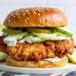 Crispy Dill Chicken Sandwich with golden fried chicken, creamy dill ranch sauce, crunchy dill pickles, and lettuce on a sesame bun.