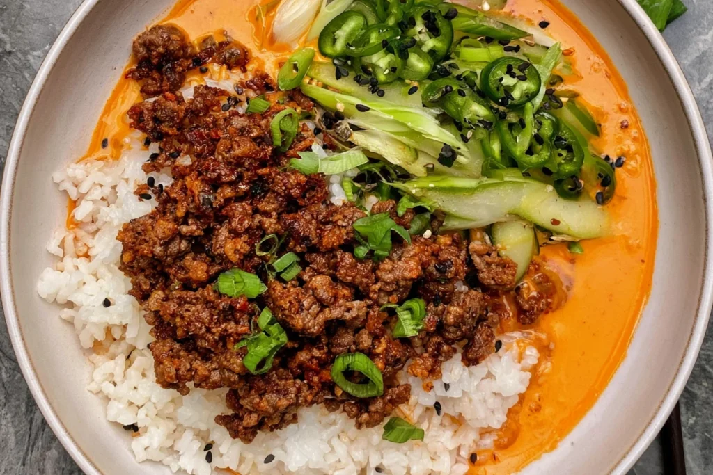 Crispy Ground Beef and Rice with creamy gochujang broth, jasmine rice, green vegetables, sliced peppers, scallions, and sesame seeds.
