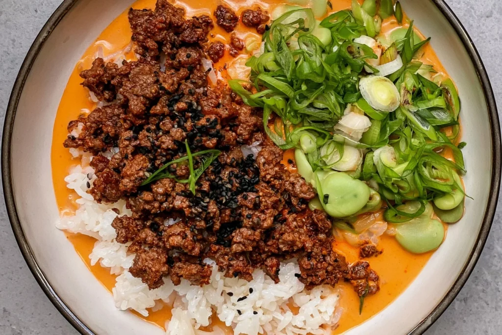 Crispy Ground Beef and Rice with creamy gochujang broth, jasmine rice, green onions, vegetables, and black sesame seeds.