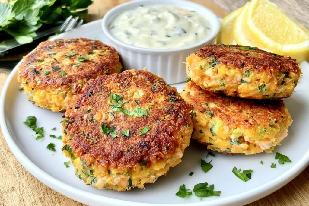 Sweet Potato Salmon Fish Cakes with Herbs, golden and crispy, served with creamy herb sauce, fresh parsley, and lemon wedges.