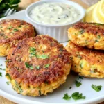 Sweet Potato Salmon Fish Cakes with Herbs, golden and crispy, served with creamy herb sauce, fresh parsley, and lemon wedges.