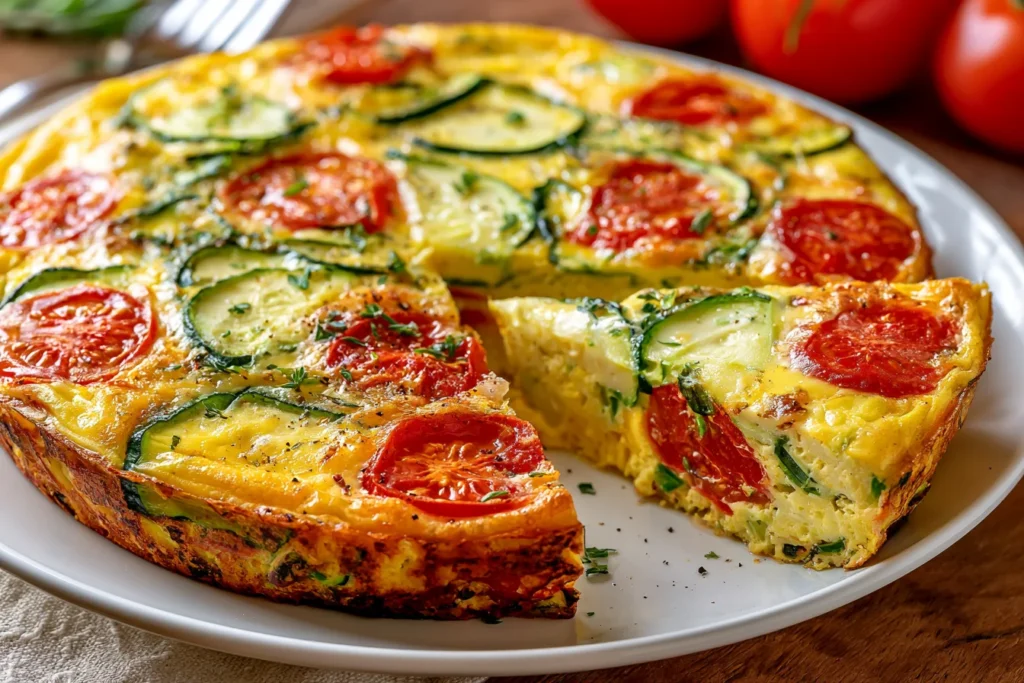 Crustless Zucchini Tomato Quiche with sliced zucchini, roasted tomatoes, eggs, cheese, and herbs, served with a fresh slice.