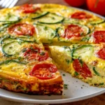 Crustless Zucchini Tomato Quiche with sliced zucchini, roasted tomatoes, eggs, cheese, and herbs, served with a fresh slice.