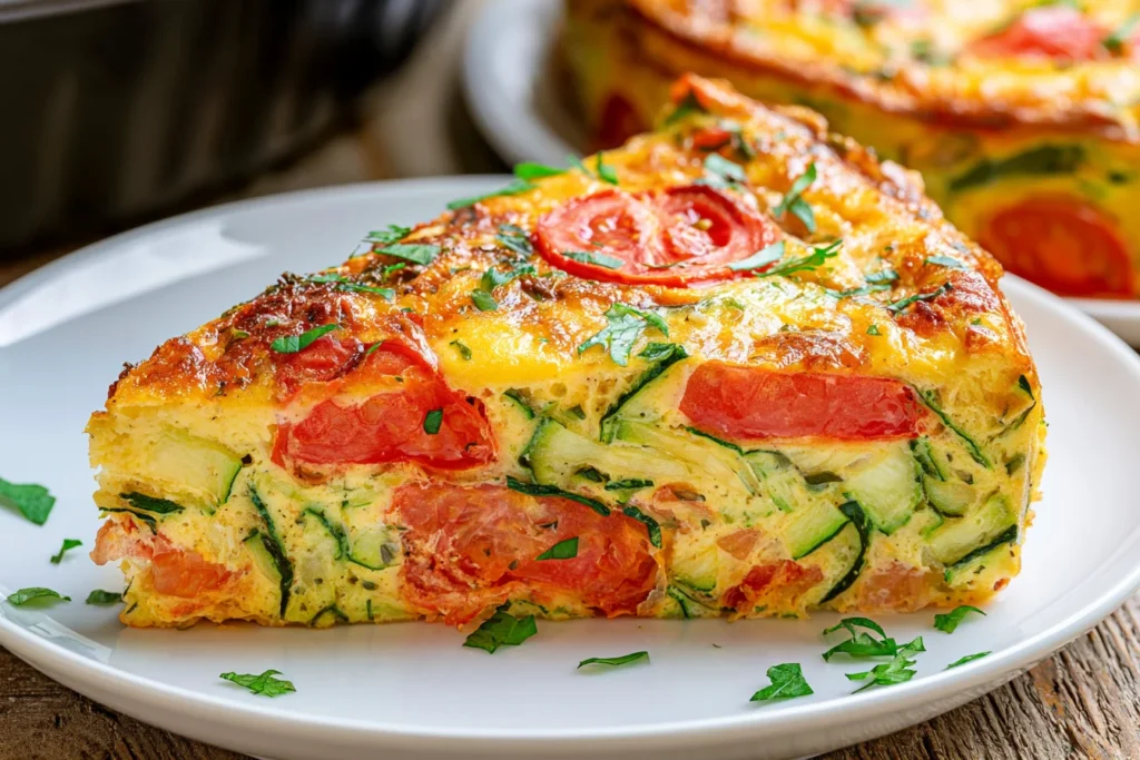 Crustless Zucchini Tomato Quiche slice with fresh zucchini, tomatoes, melted cheese, and herbs on a white plate.