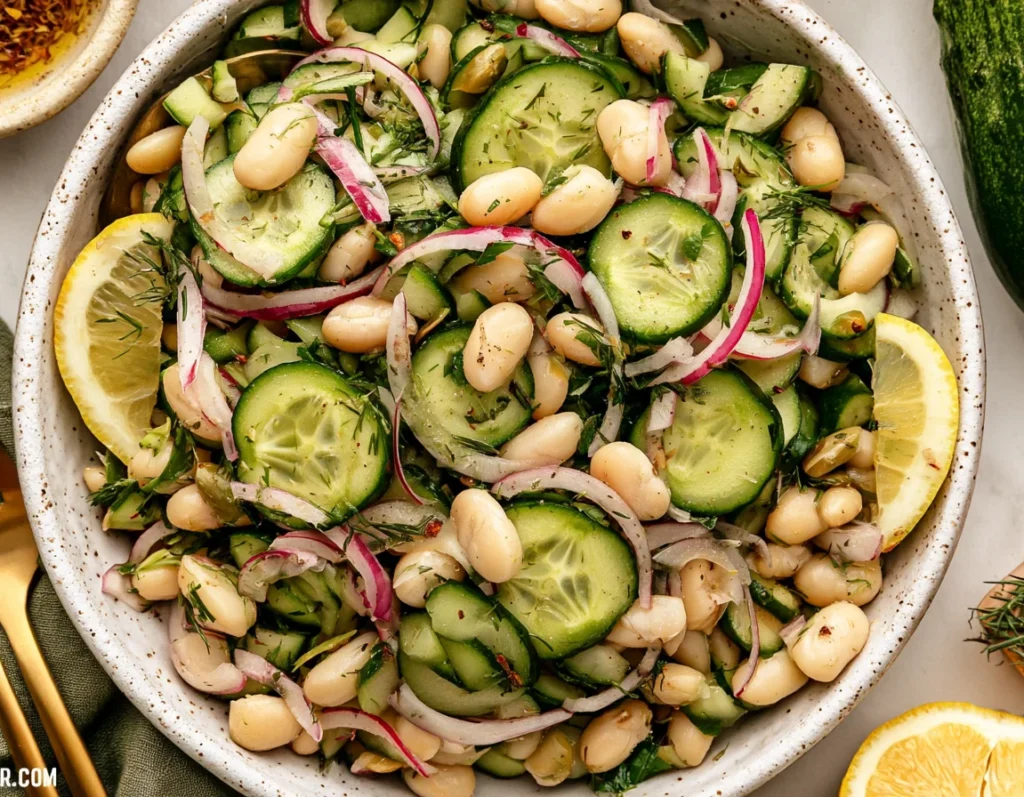 Dilly White Bean Cucumber Salad with creamy white beans, crisp cucumbers, red onion, fresh dill, and lemon vinaigrette in a serving bowl.