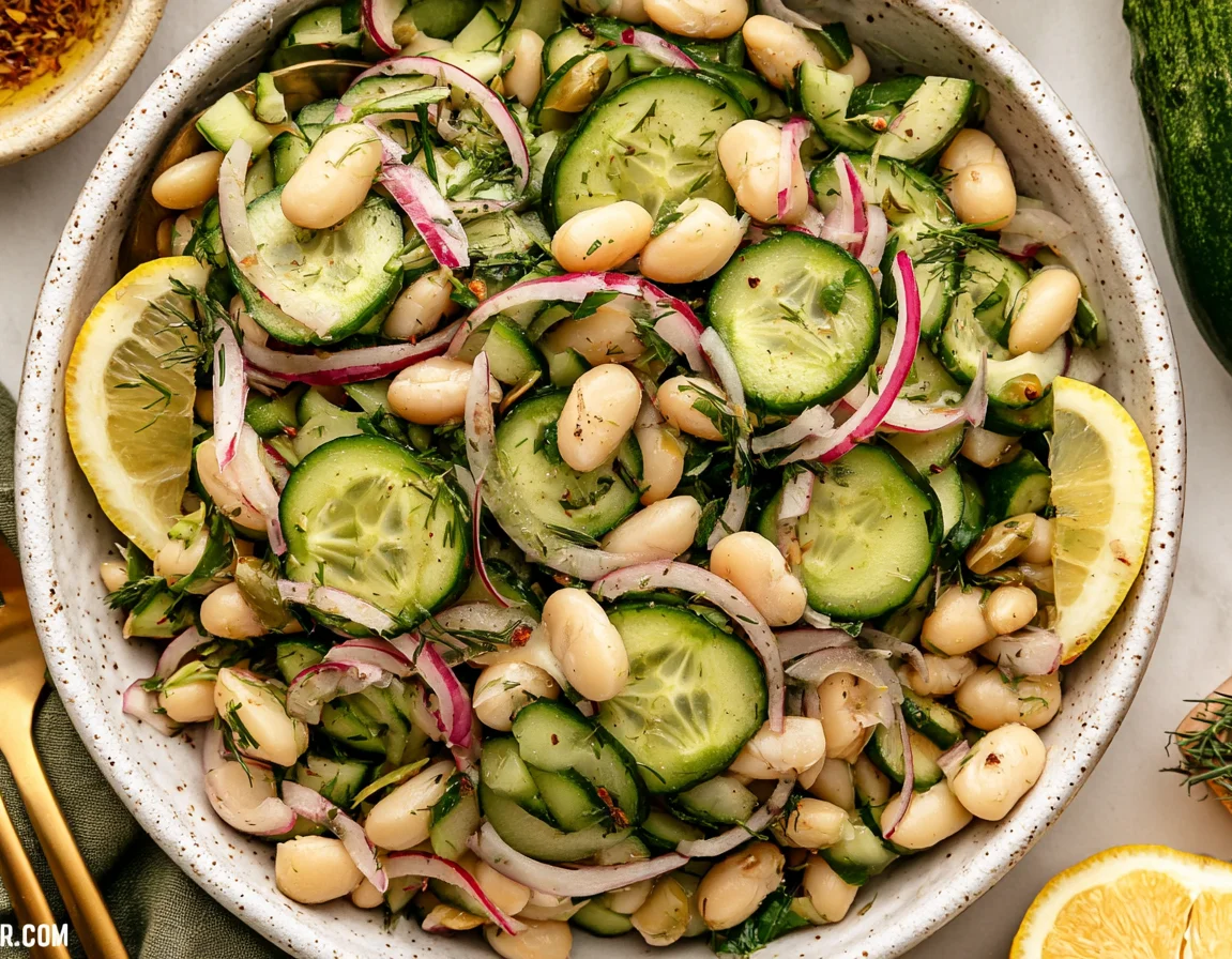 Dilly White Bean Cucumber Salad with creamy white beans, crisp cucumbers, red onion, fresh dill, and lemon vinaigrette in a serving bowl.