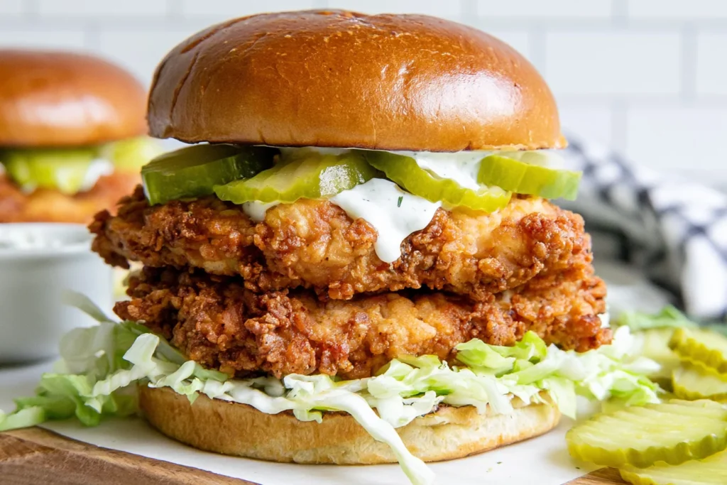 Crispy Dill Chicken Sandwich with double-stacked golden fried chicken, dill pickles, shredded lettuce, and creamy dill ranch on a brioche bun.