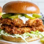 Crispy Dill Chicken Sandwich with double-stacked golden fried chicken, dill pickles, shredded lettuce, and creamy dill ranch on a brioche bun.