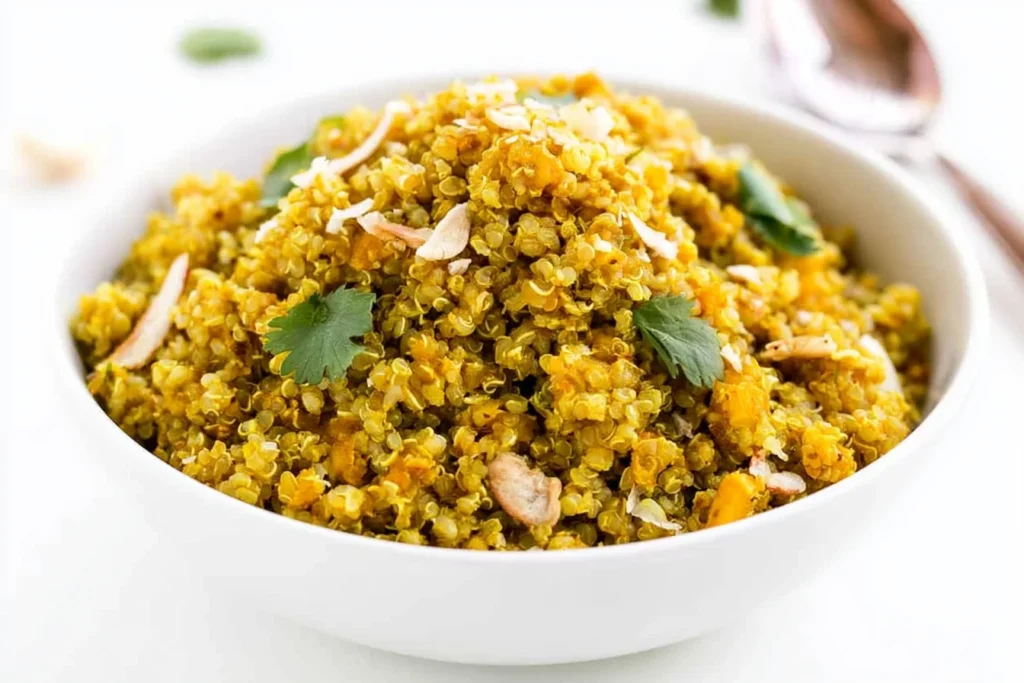 Coconut Curry Quinoa topped with fresh cilantro and sliced almonds in a white serving bowl.