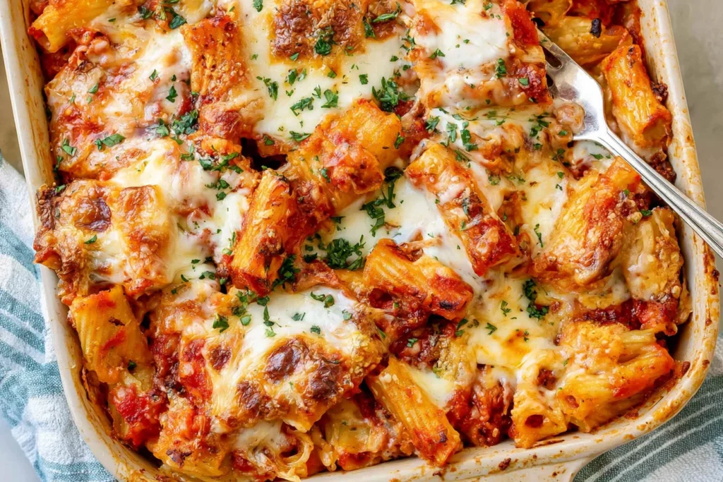 Chicken Parmesan Casserole with rigatoni, marinara sauce, crispy chicken, melted mozzarella, Parmesan, and fresh parsley.