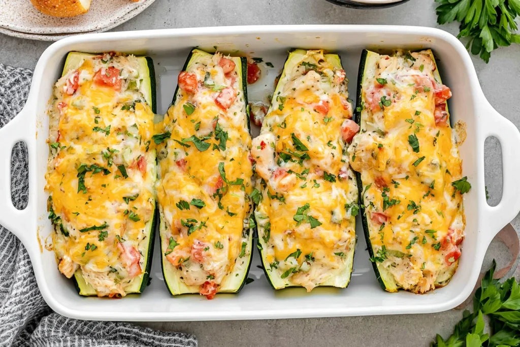 Chicken Stuffed Zucchini Boats with creamy chicken, tomatoes, herbs, and melted cheese baked in a white casserole dish.