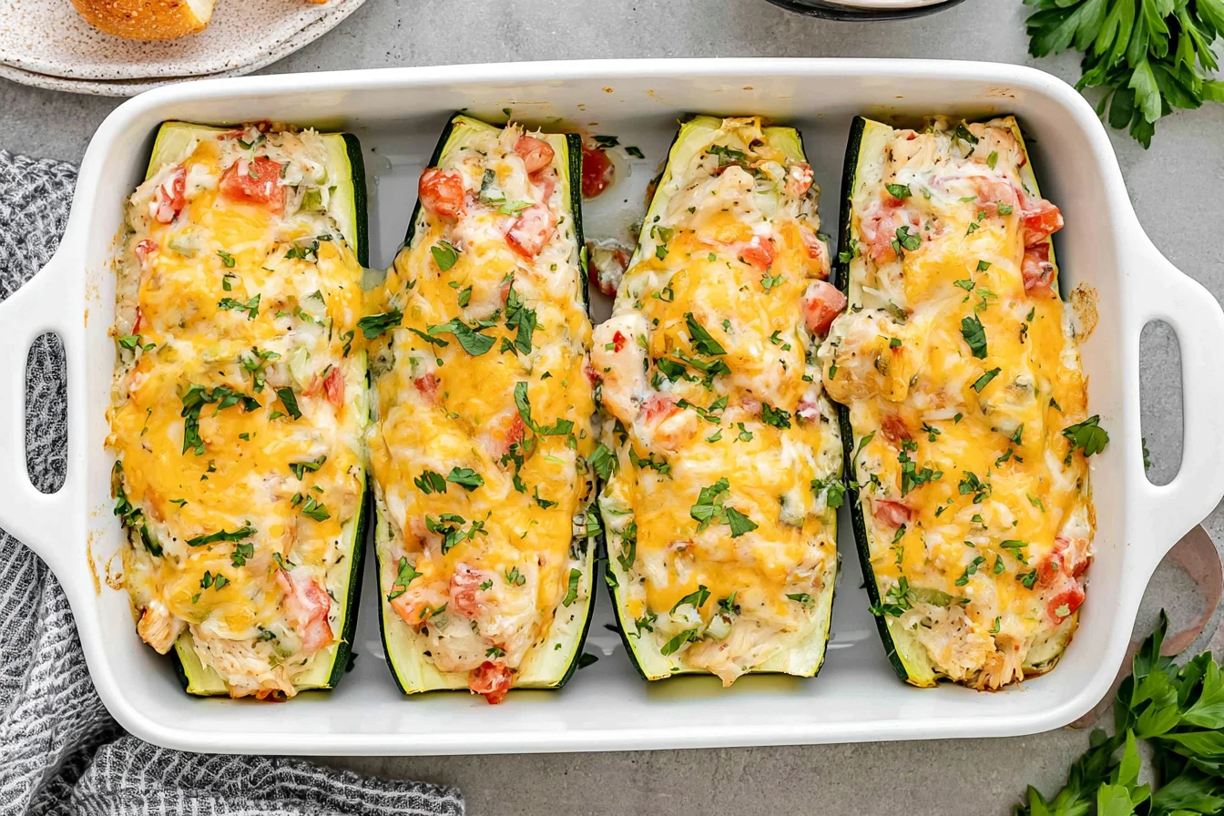 Chicken Stuffed Zucchini Boats with creamy chicken, tomatoes, herbs, and melted cheese baked in a white casserole dish.