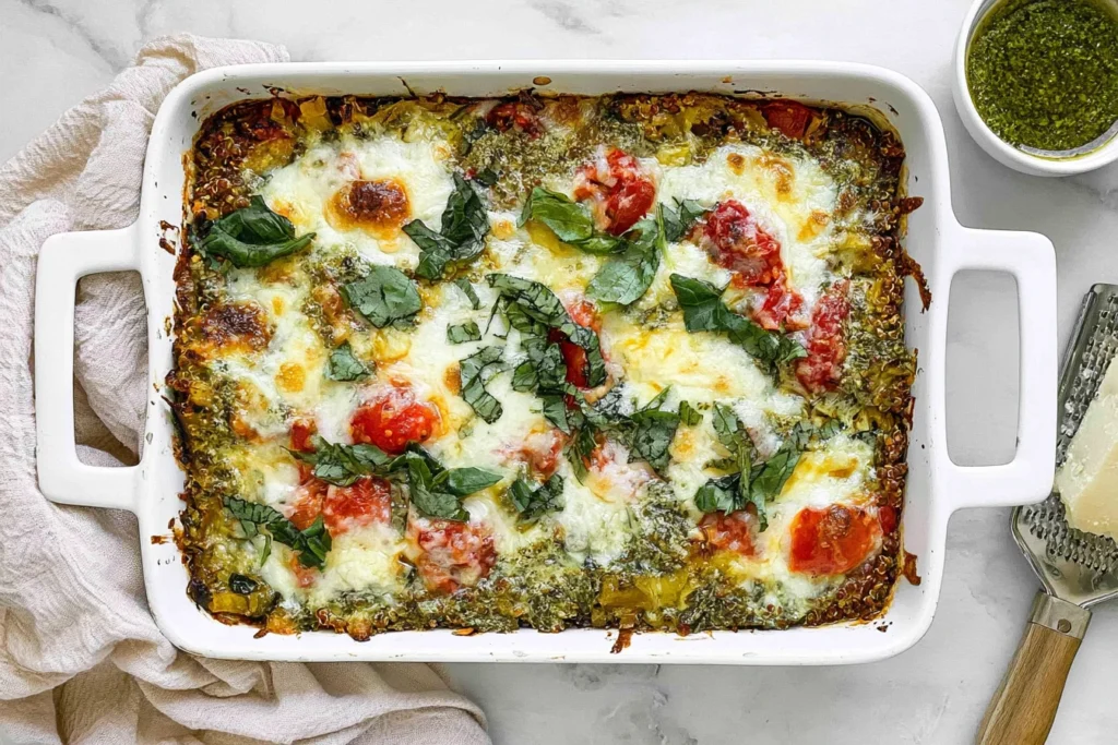 Quinoa Pesto Bake Dump & Bake with melted mozzarella, cherry tomatoes, basil, and pesto in a white casserole dish