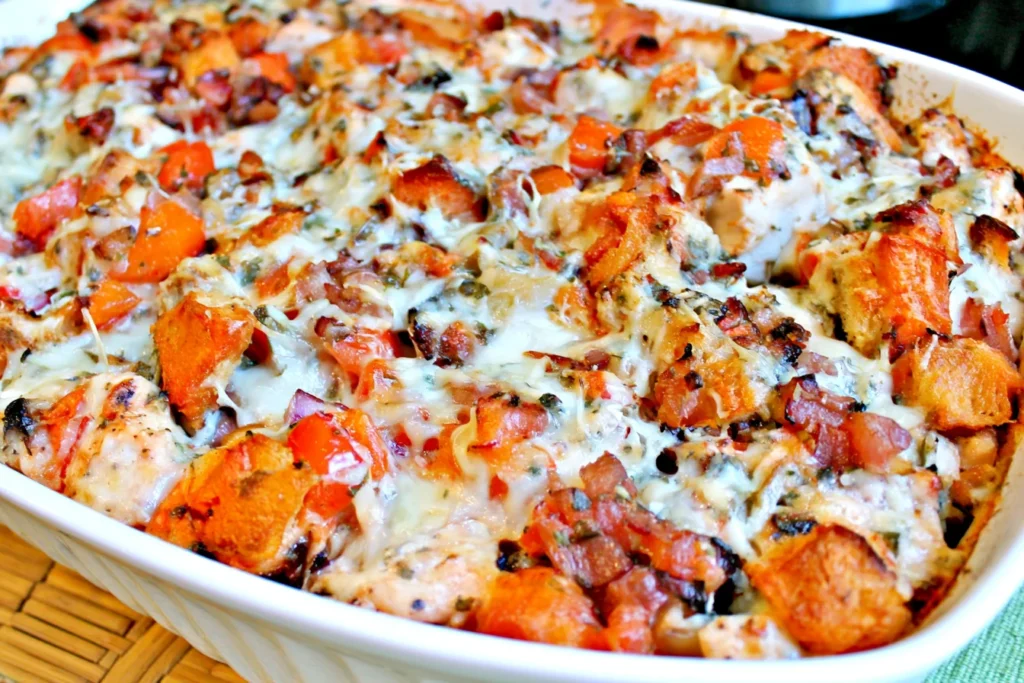 Chicken Bruschetta Casserole with tender chicken, tomatoes, toasted bagel pieces, herbs, and melted mozzarella cheese.