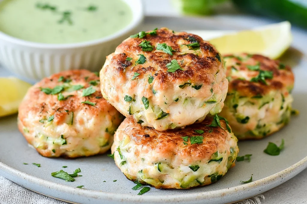 Chicken Zucchini Poppers golden brown with fresh herbs, creamy cilantro dipping sauce, and lemon wedges.