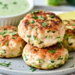 Chicken Zucchini Poppers golden brown with fresh herbs, creamy cilantro dipping sauce, and lemon wedges.