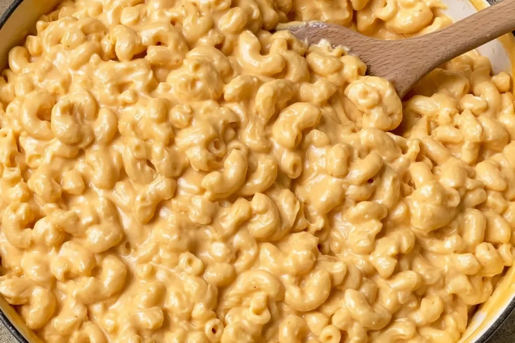 Creamy Cottage Cheese Mac and Cheese with elbow macaroni covered in a rich cheddar sauce and served with a wooden spoon.